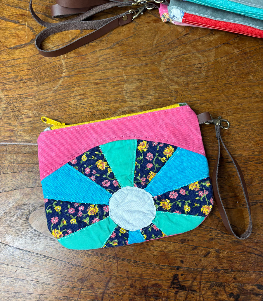 Small Dresden Plate & Waxed Canvas Clutch (blue & green)