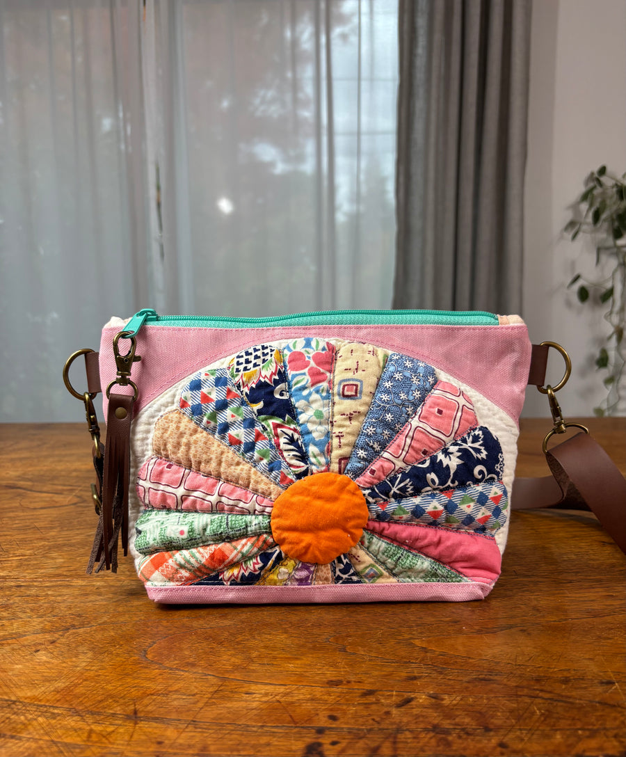 Dresden Plate & Pink Waxed Canvas Crossbody