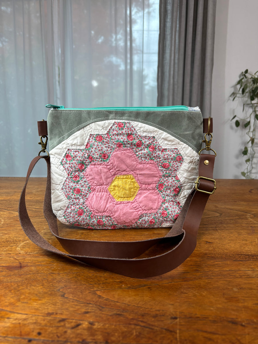 Light Pink Grandmother's Flower & Blue Waxed Canvas Crossbody