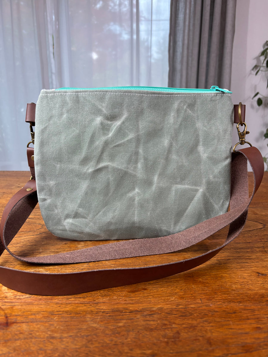 Light Pink Grandmother's Flower & Blue Waxed Canvas Crossbody