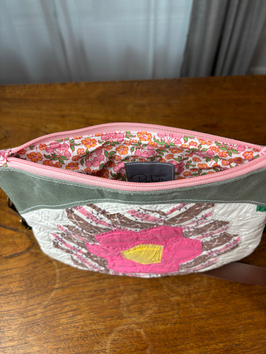 Bright Pink Grandmother's Flower & Blue Waxed Canvas Crossbody