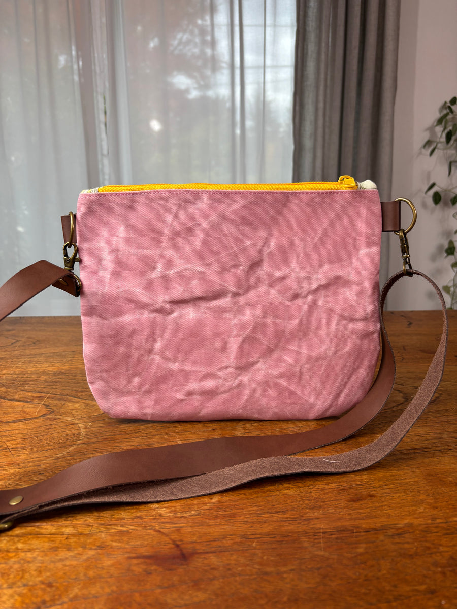 Purple Grandmother's Flower & Pink Waxed Canvas Crossbody