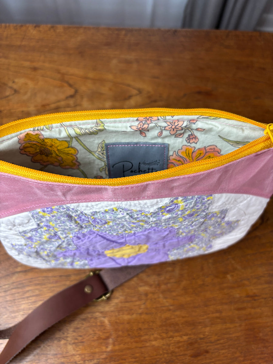 Purple Grandmother's Flower & Pink Waxed Canvas Crossbody
