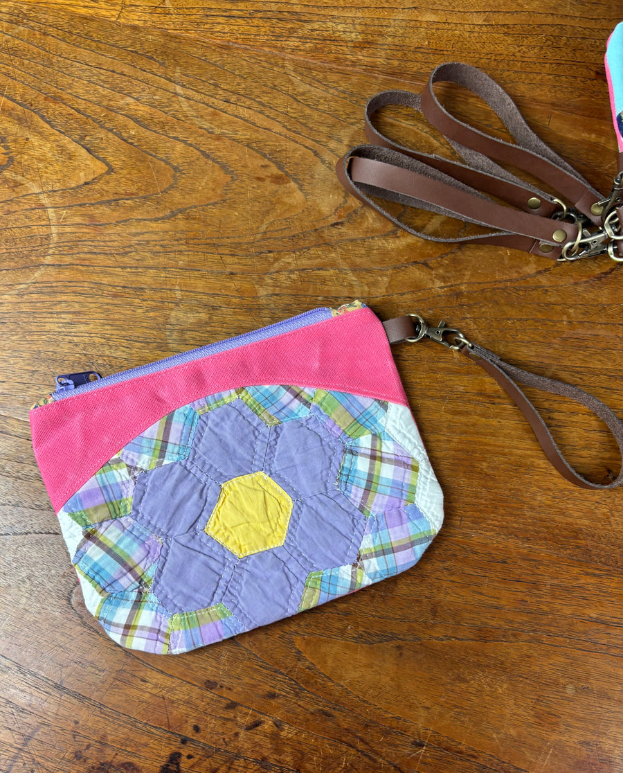 Small Grandmother's Flower & Waxed Canvas Clutch (purple plaid)