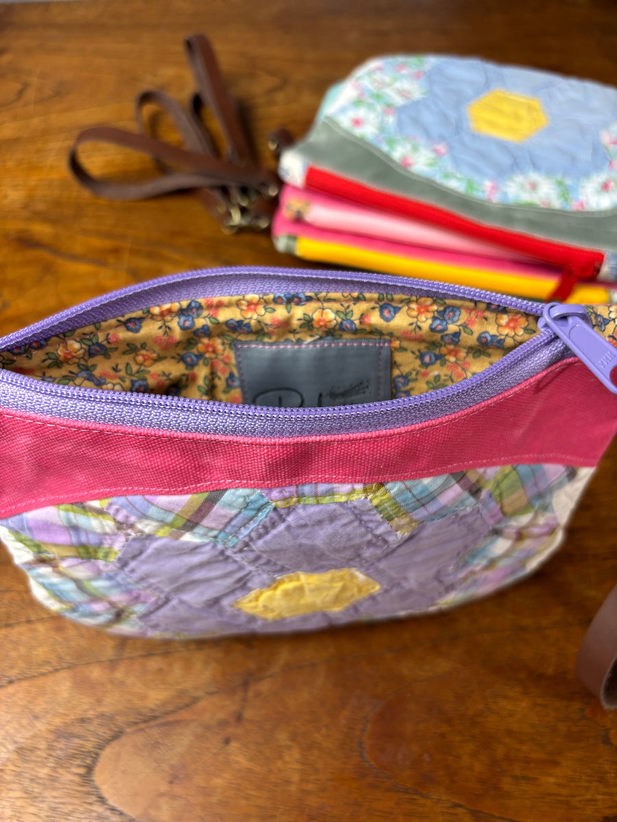 Small Grandmother's Flower & Waxed Canvas Clutch (purple plaid)