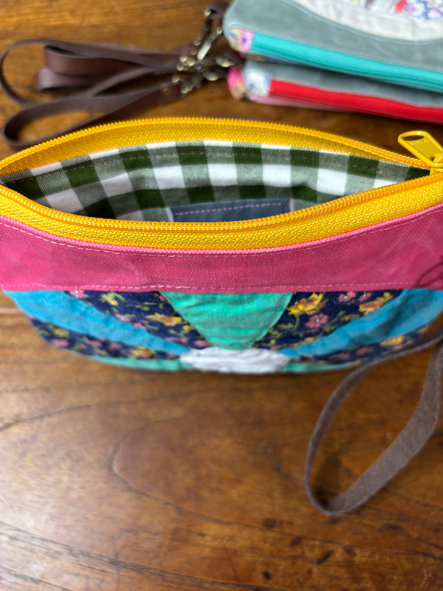 Small Dresden Plate & Waxed Canvas Clutch (blue & green)